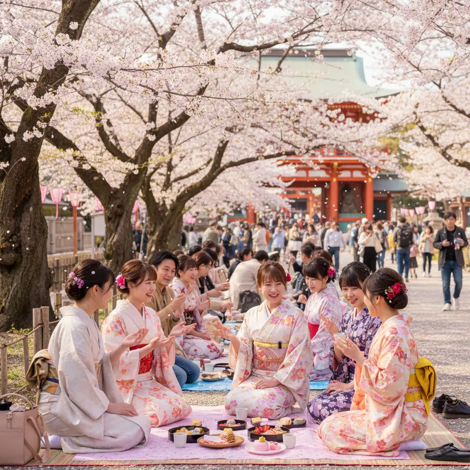 Spring Awakening: A vibrant hanami scene beneath blooming cherry blossom trees in Kyoto’s Maruyama Park, with pastel pink petals drifting through the air, picnic mats laid out under ancient branches, visitors in colorful kimonos sharing sakura-themed treats against a backdrop of temple gates.