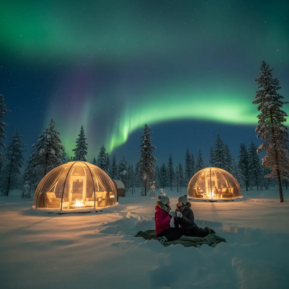 Winter Wonders: A tranquil Arctic night in Finnish Lapland, featuring transparent glass igloos nestled among snow-covered pines, the sky ablaze with green and violet aurora borealis curtains, and soft golden light glowing from inside each cabin reflecting on the pristine snow.