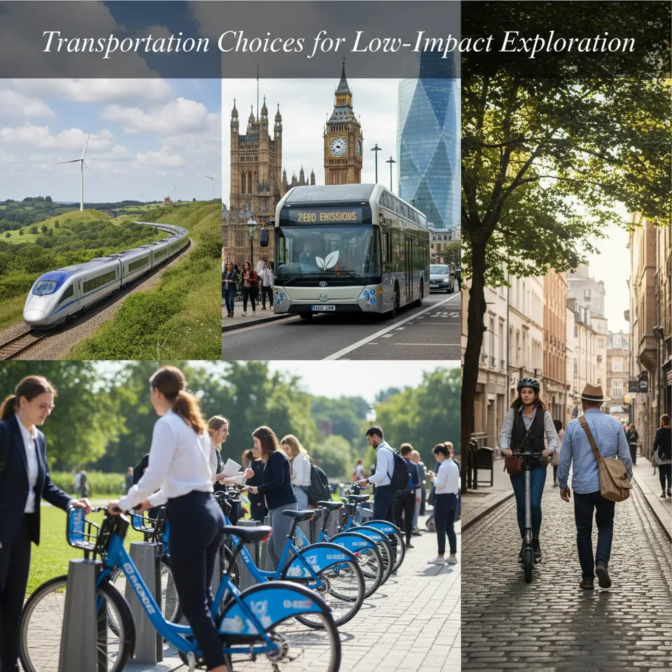 Transportation Choices for Low-Impact Exploration: a vibrant collage showing a sleek high-speed train winding through green hills, an electric city bus gliding past urban landmarks, a row of shared bicycles at a docking station, a traveler riding an e-scooter along a tree-lined avenue, and a pedestrian exploring a historic cobblestone street on foot
