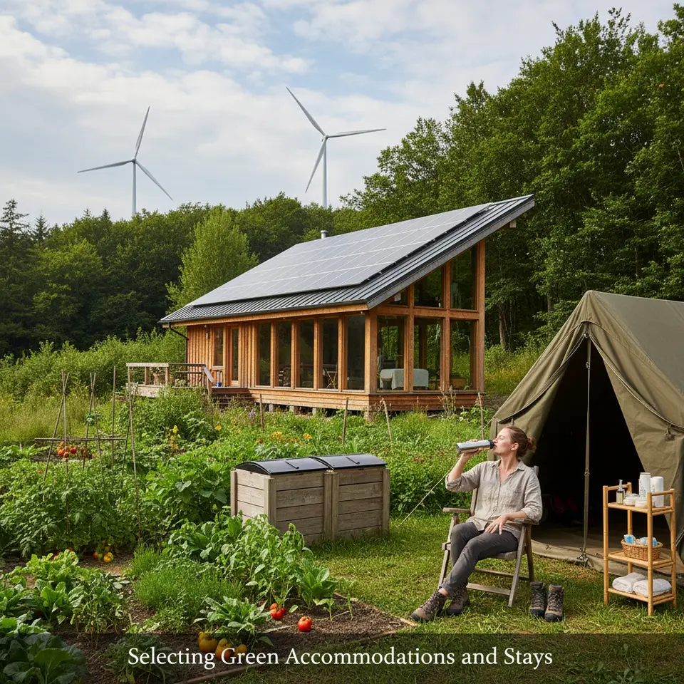 Selecting Green Accommodations and Stays: an eco-lodge nestled in a dense forest with solar panels on its roof, wind turbines in the background, compost bins and a flourishing vegetable garden in the foreground, alongside a canvas glamping tent with biodegradable toiletries and a traveler sipping from a reusable water bottle