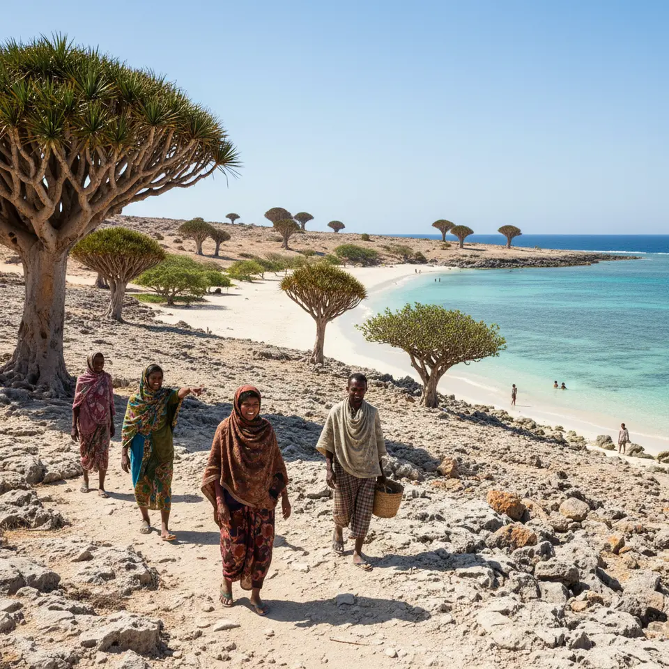 Socotra Island’s otherworldly landscape: towering umbrella-shaped Dragon’s Blood trees scattered across rugged limestone plateaus, pale sand beaches lapped by turquoise seas, and aromatic frankincense groves under a bright desert sky