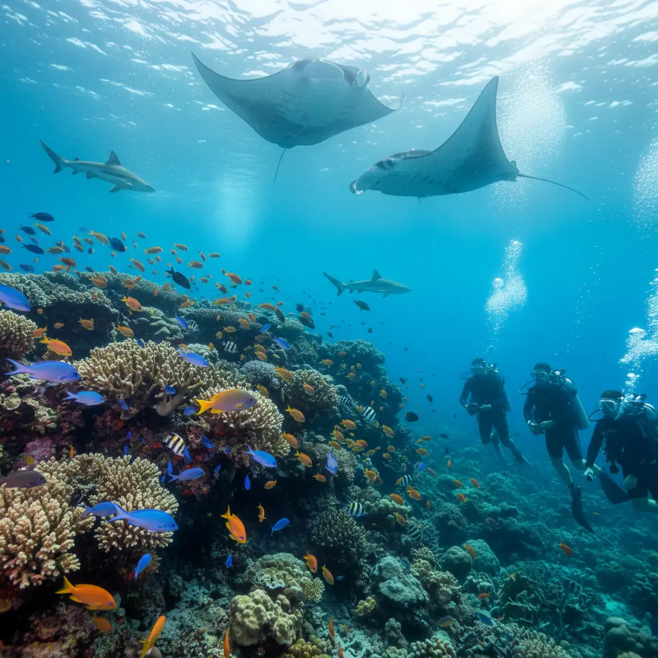 Raja Ampat’s underwater paradise: a vibrant coral garden teeming with multicolored reef fish, majestic manta rays gliding overhead, and ghostly reef sharks patrolling sunlit drop-offs in crystal-clear tropical waters
